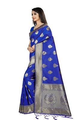 Blue Woven Banarasi Saree With Blouse 2