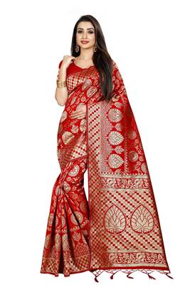 Red Woven Banarasi Saree With Blouse 1