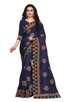 Blue Embroidered Silk Saree With Blouse 1