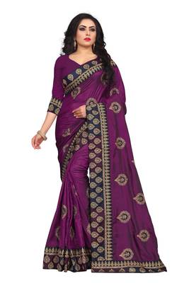 Purple Embroidered Silk Saree With Blouse 1