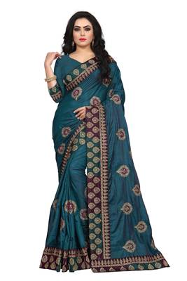 Teal Embroidered Silk Saree With Blouse 1