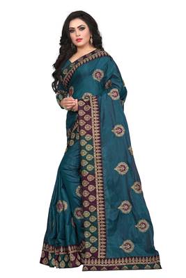 Teal Embroidered Silk Saree With Blouse 2