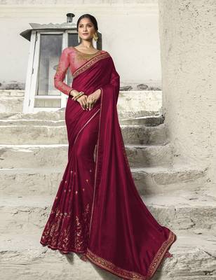 Wine Embroidered Silk Blend Saree With Blouse 1