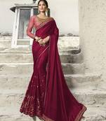 Wine Embroidered Silk Blend Saree With Blouse