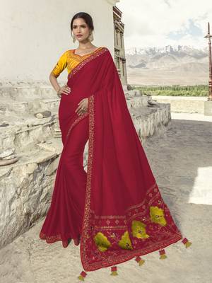 Red Embroidered Silk Blend Saree With Blouse 1
