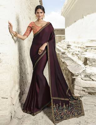 Burgundy Embroidered Silk Blend Saree With Blouse 1