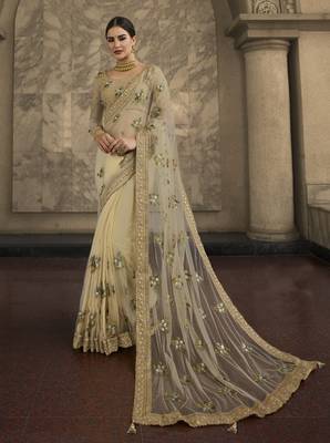 Cream Embroidered Net Saree With Blouse 1