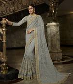 Grey Embroidered Net Saree With Blouse