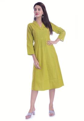 Green Color Cotton Slub Fabric Straight Kurti 1