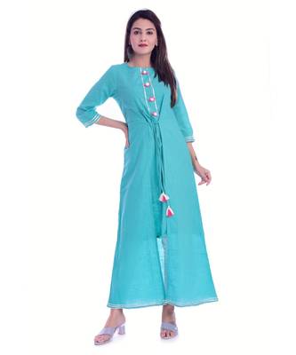 Turquoise Color Rayon Fabric A-Line Kurti 1
