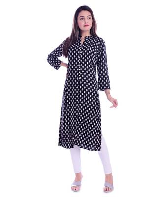 Black Color Rayon Fabric Straigh Printed Kurti 1