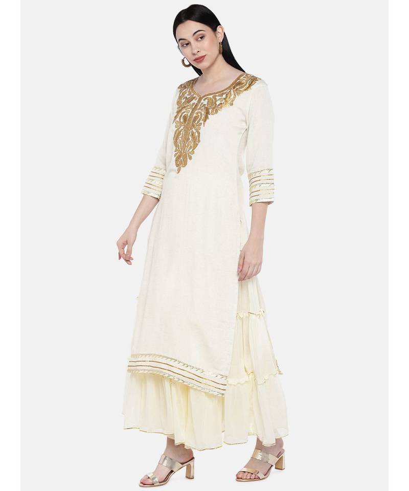 off white printed Cotton Kurta and Skirt Set