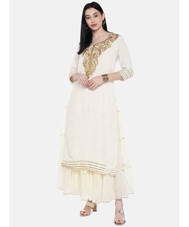 off white printed Cotton Kurta and Skirt Set