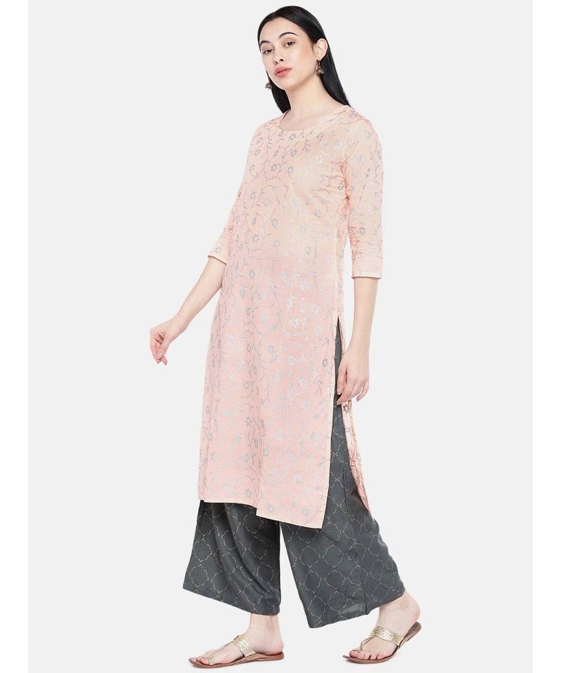 Peach printed Cotton Kurta and Palazzo Set