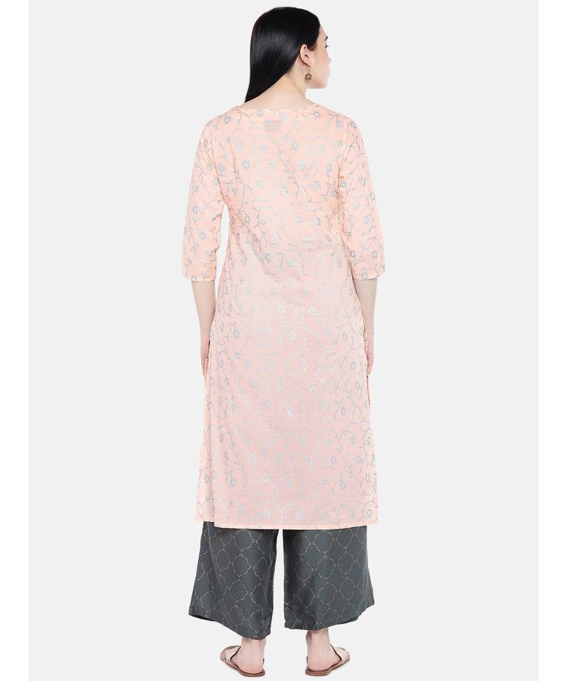 Peach printed Cotton Kurta and Palazzo Set