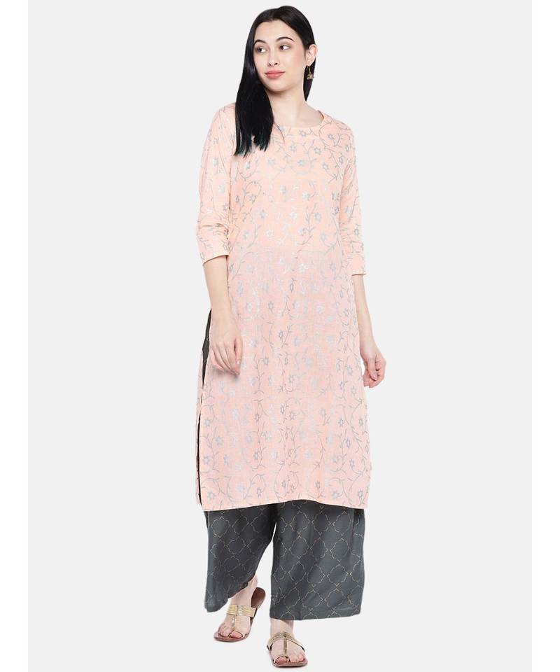 Peach printed Cotton Kurta and Palazzo Set