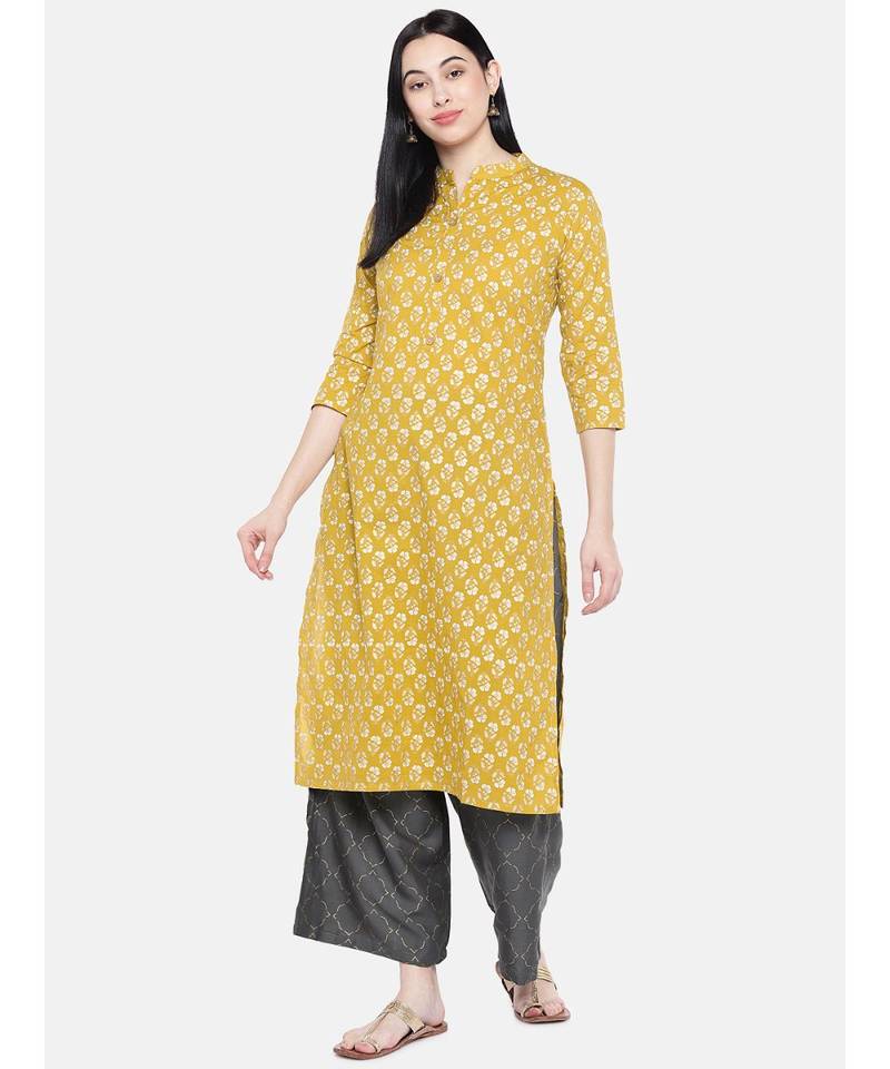 Yellow printed Cotton Kurta and Palazzo Set