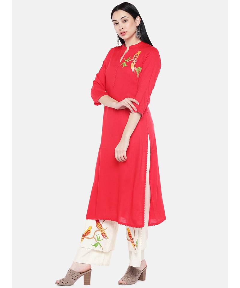 Red embroidered Rayon Kurta and Palazzo Set