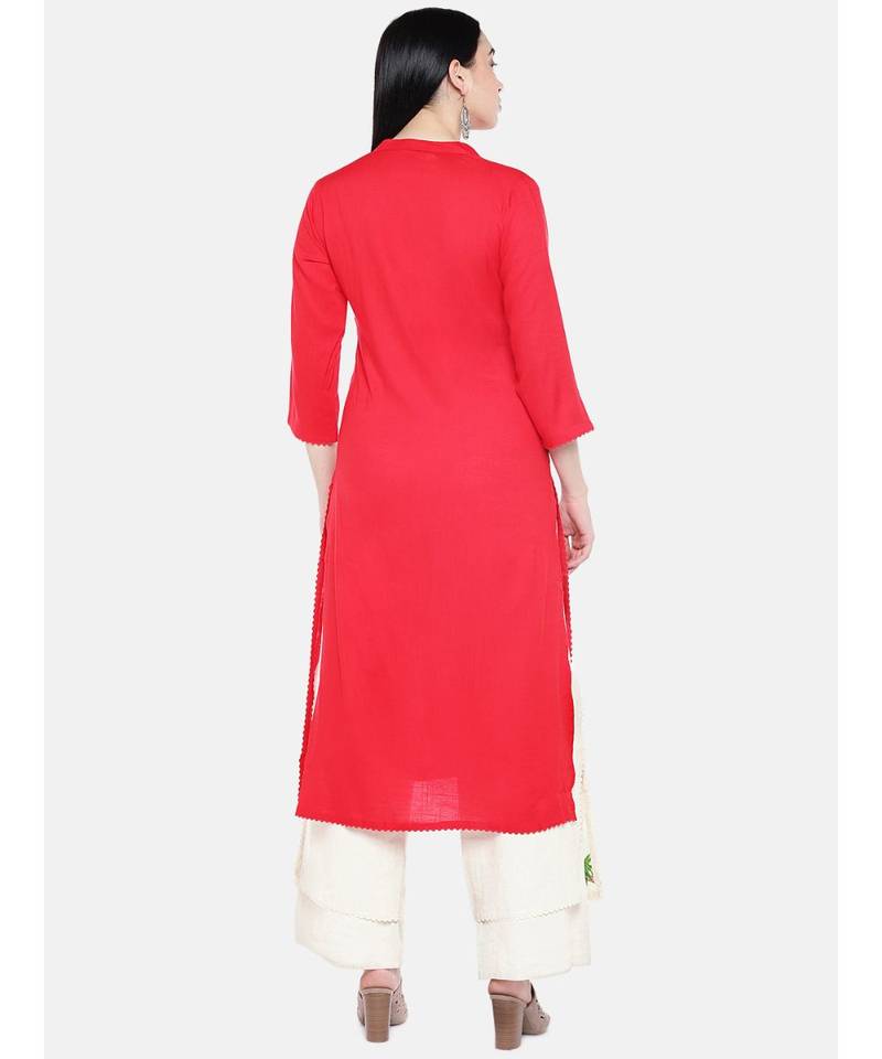 Red embroidered Rayon Kurta and Palazzo Set