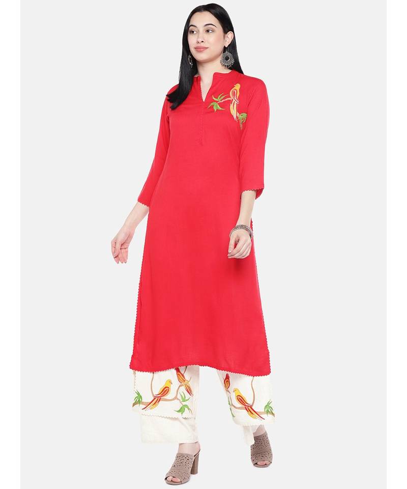 Red embroidered Rayon Kurta and Palazzo Set