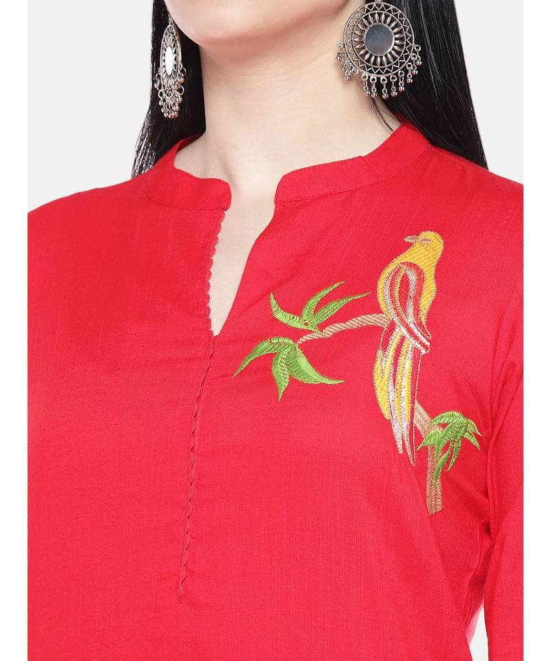 Red embroidered Rayon Kurta and Palazzo Set