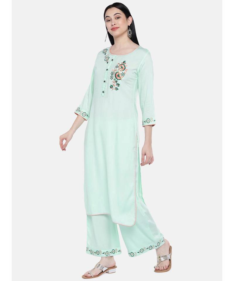 Green embroidered Rayon Kurta and Palazzo Set