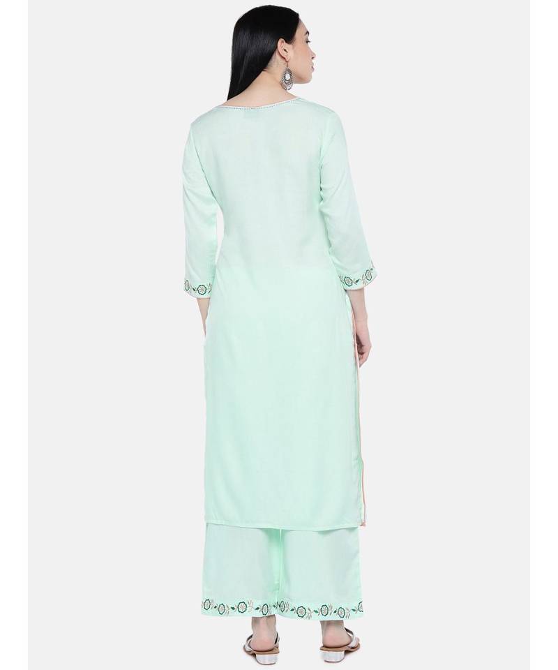 Green embroidered Rayon Kurta and Palazzo Set