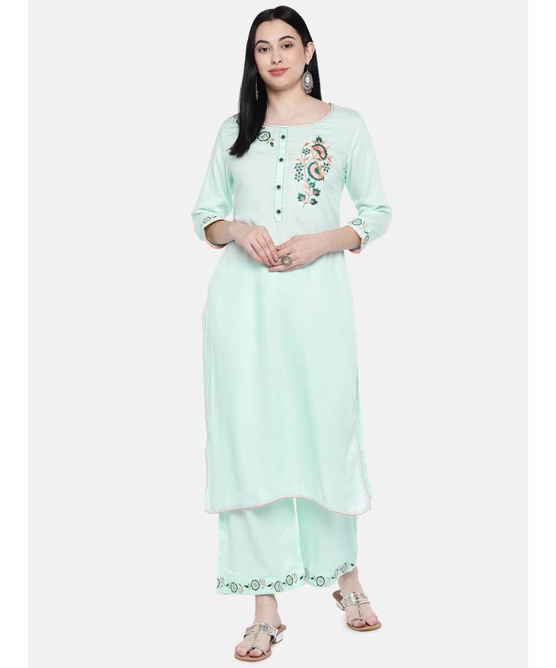 Green embroidered Rayon Kurta and Palazzo Set