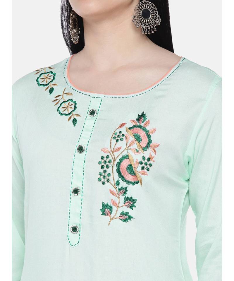 Green embroidered Rayon Kurta and Palazzo Set