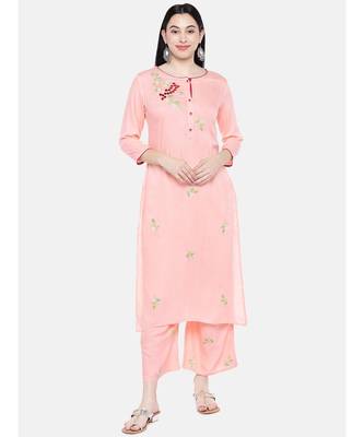 Peach embroidered Rayon Kurta and Palazzo Set 1