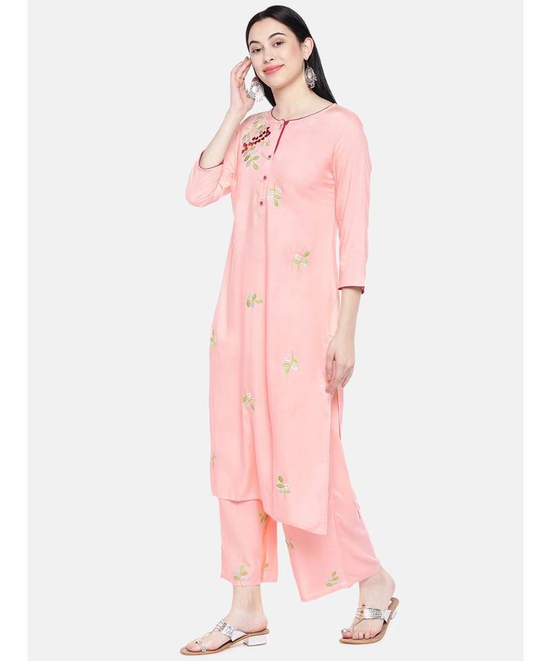 Peach embroidered Rayon Kurta and Palazzo Set