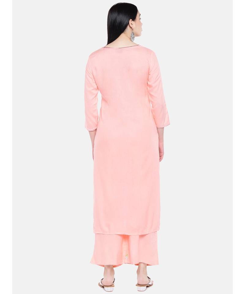 Peach embroidered Rayon Kurta and Palazzo Set