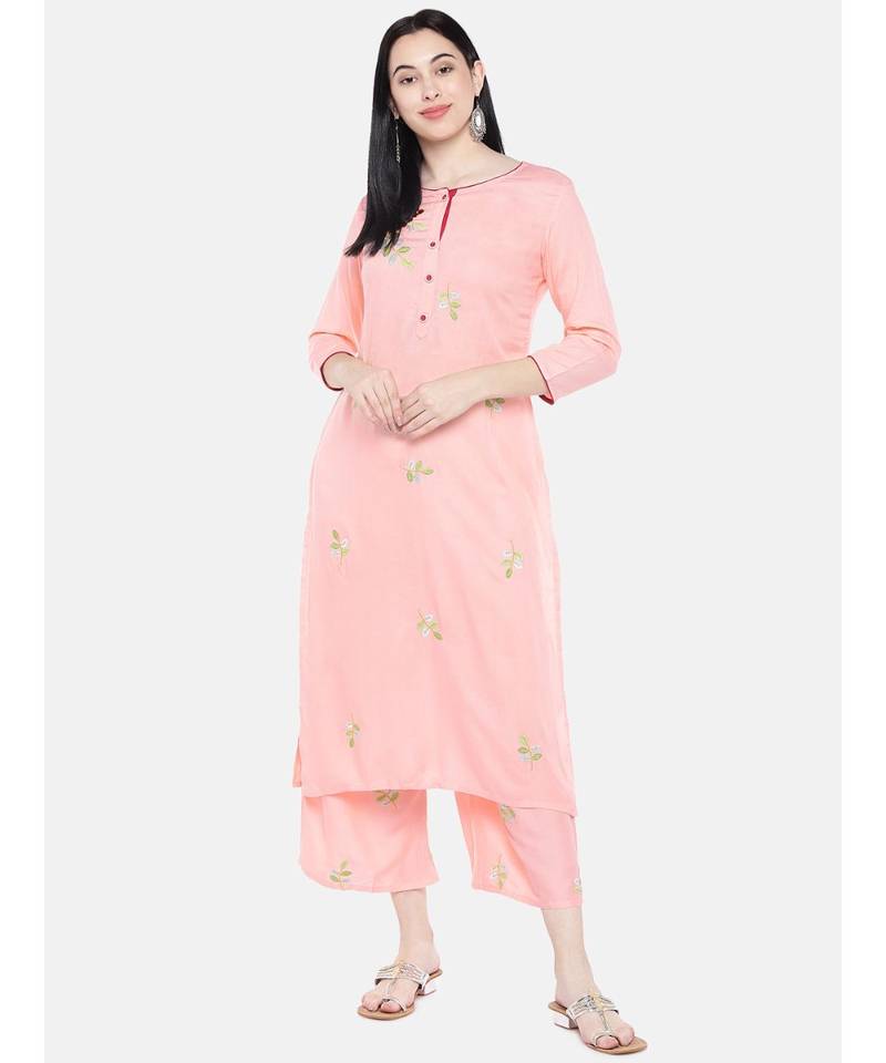 Peach embroidered Rayon Kurta and Palazzo Set