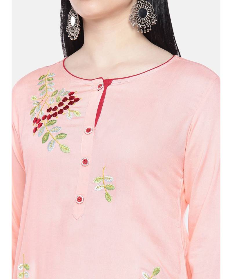 Peach embroidered Rayon Kurta and Palazzo Set