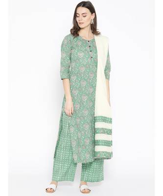 Green printed Cotton Kurta Palazzo and Dupatta Set 1