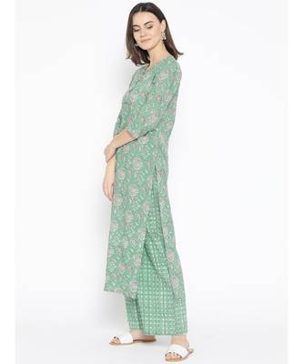 Green printed Cotton Kurta Palazzo and Dupatta Set 5