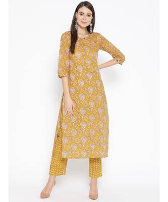 Yellow printed Cotton Kurta and Pant Set 1