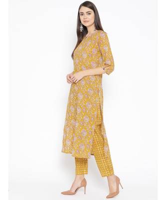 Yellow printed Cotton Kurta and Pant Set 4
