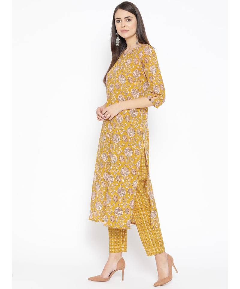 Yellow printed Cotton Kurta and Pant Set