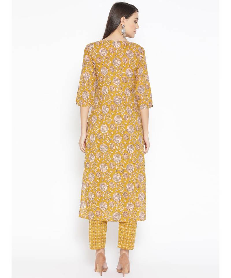 Yellow printed Cotton Kurta and Pant Set