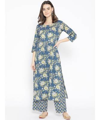 Blue printed Cotton Kurta and Palazzo Set 1