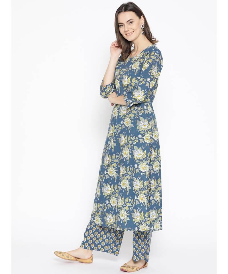 Blue printed Cotton Kurta and Palazzo Set
