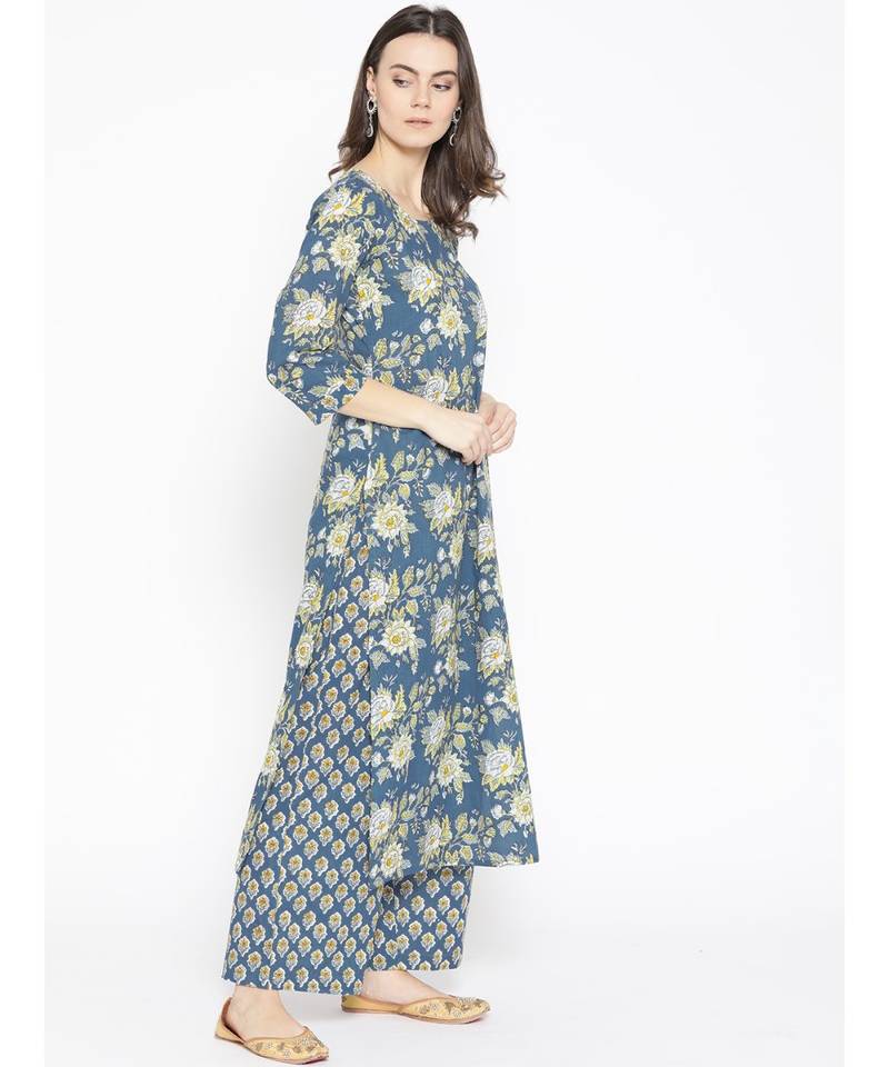 Blue printed Cotton Kurta and Palazzo Set