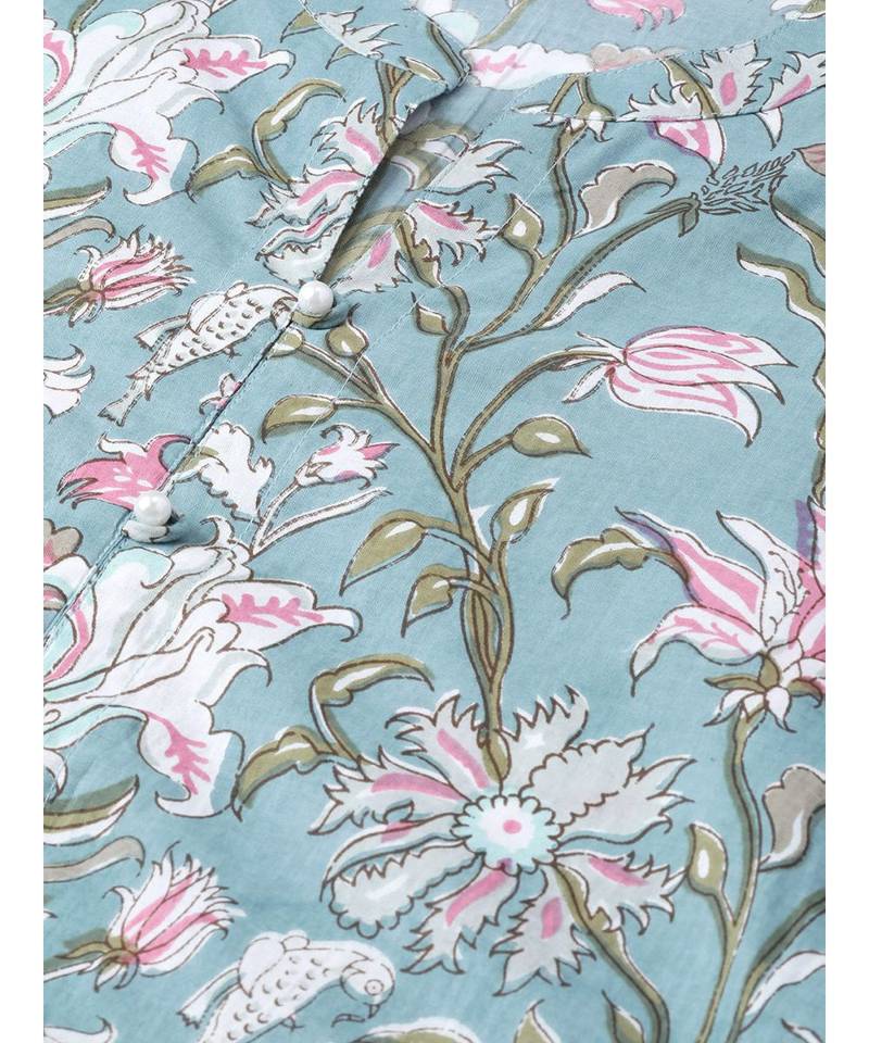 Blue printed Cotton Kurta and Pant Set