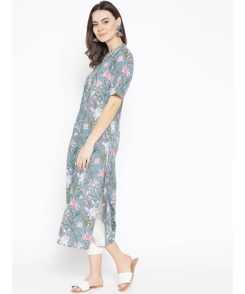 Blue printed Cotton Kurta and Pant Set