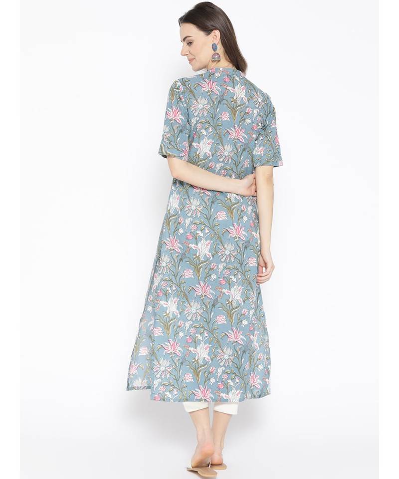 Blue printed Cotton Kurta and Pant Set