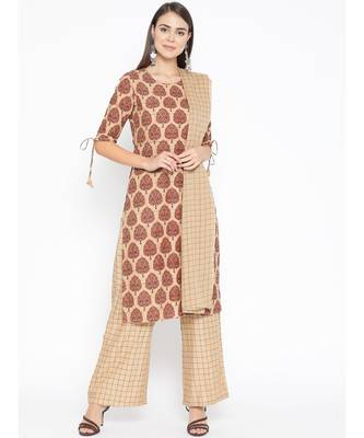 Brown printed Cotton Kurta Palazzo and Dupatta Set 1