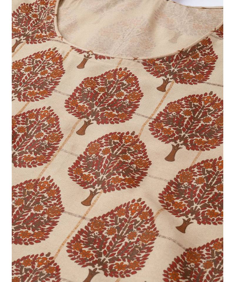 Brown printed Cotton Kurta Palazzo and Dupatta Set