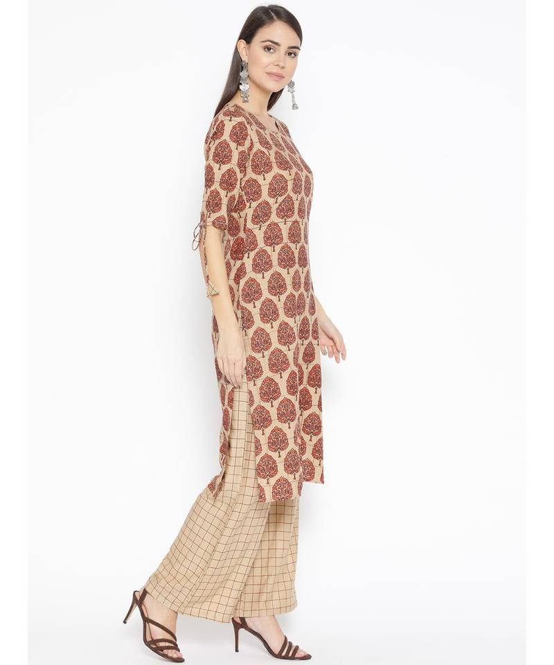 Brown printed Cotton Kurta Palazzo and Dupatta Set