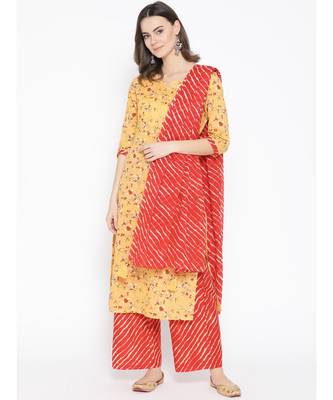 Yellow printed Cotton Kurta Palazzo and Dupatta Set 1